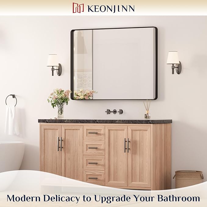Keonjinn 40 x 30 Inch Black Bathroom Mirrors for Over Sink, Tempered Glass | Sandblasted Finish, Matte Black Vanity Mirror, Anti-Rust, Seamless Aluminum Frame, Rounded Rectangle, French Cleat Mount