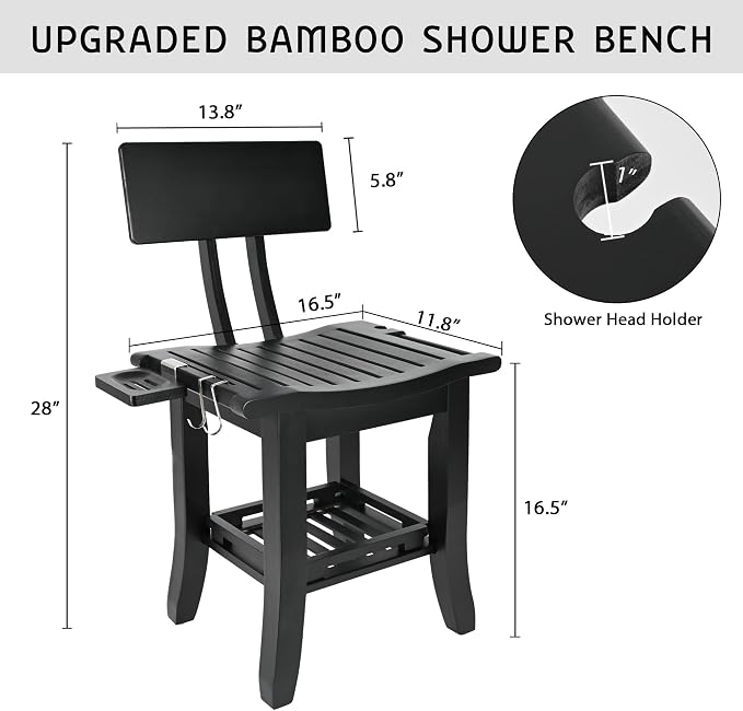 Bamboo Shower Chair for Inside Shower Elderly Disabled, Black | Two-Tier Shower Bench with Storage Shelf, Soap Dish, Shower Head Holder, Watrerproof Shower Seat for Adults Pregnant