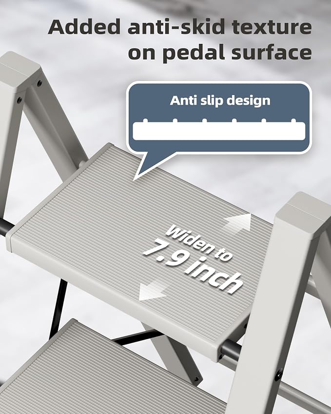 HillhutApex 3 Step Stool Foldable Ladder,Aluminum Step Ladder | Folding Lightweight Stable Stool with Wide Non-Slip Pedals, 330lbs Bearing Capacity Ladder for Office,Home,Kitchen-Grey