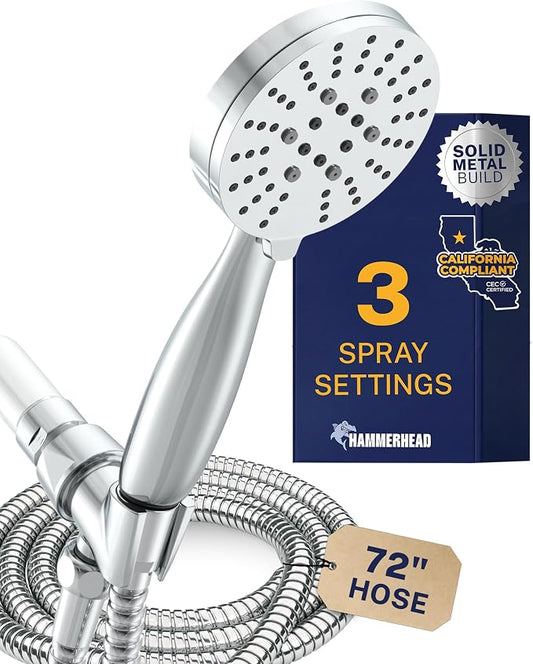 HammerHead Showers® Solid Metal 3-Spray Handheld Shower Head with Long Hose and Holder - CHROME - WIDE, MASSAGE, and MIST Sprays - 1.8 GPM Low Flow Handheld Showerhead - Water Saving Shower Head