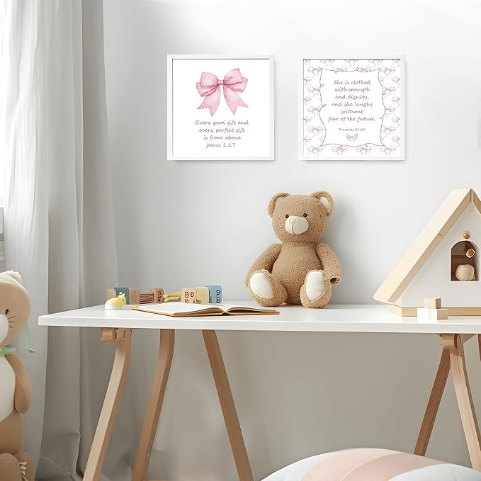 LARTSFRO Coquette Pink Bow Jesus Wall Art Decor Posters, Light Pink Bow Christian Room Bedroom Bathroom Dorm Wall Art Decor Aesthetic for Teen Girls College Gifts, Inspirational Bible Verses Bow Wall Decor, 10x10 Inch Set of 4 Bow Pictures (UNFRAMED)