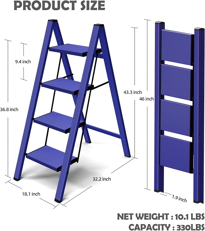 Taranta 4 Step Stool Foldable,Aluminum Step Ladder-Blue | Lightweight,Wide Anti-Slip Pedals,Folding Step Stool,330lbs Capacity Stepladder for Household,Kitchen,Office
