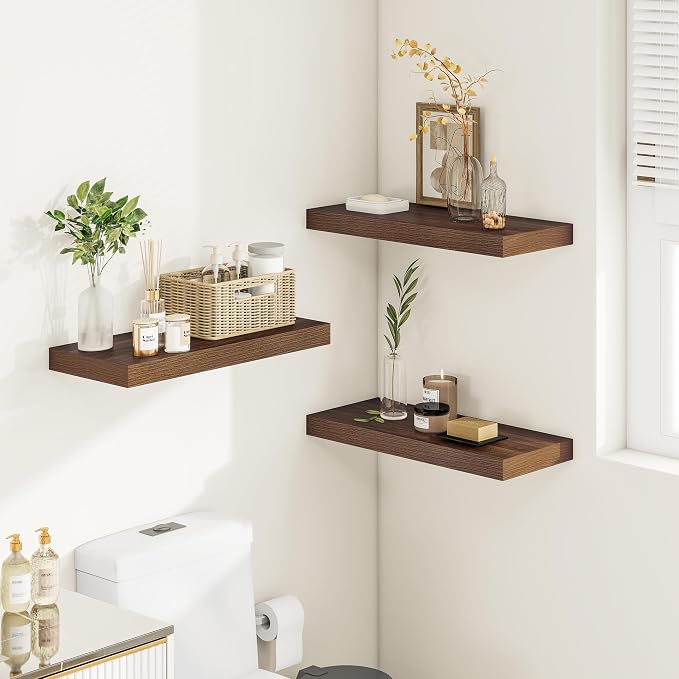 Vivelove Deep Floating Shelves for Wall 16x12” Set of 2, Walnut | Easy Install With Hardware, 2" Thick, Invisible Brackets, Wall Mounted, No Sagging, For Any Room