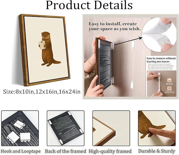 Floating Framed Funny Bathroom Otter Canvas Wall Art Cute Otter Painting Picture Wall Decor Humor Bathroom Animal Poster Print Artwork for Washroom Bathroom Toilet Home Decoration 16x24in