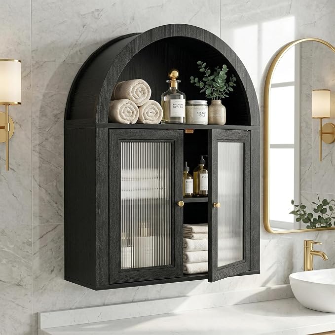 Medicine Cabinet with Arched Top, Bathroom Wall Cabinet Over Toilet with Wave Pattern Tempered Glass Doors and Removable Shelf, Arch Hanging Cabinets for Kitchen, Living Room, Laundry Room, Black