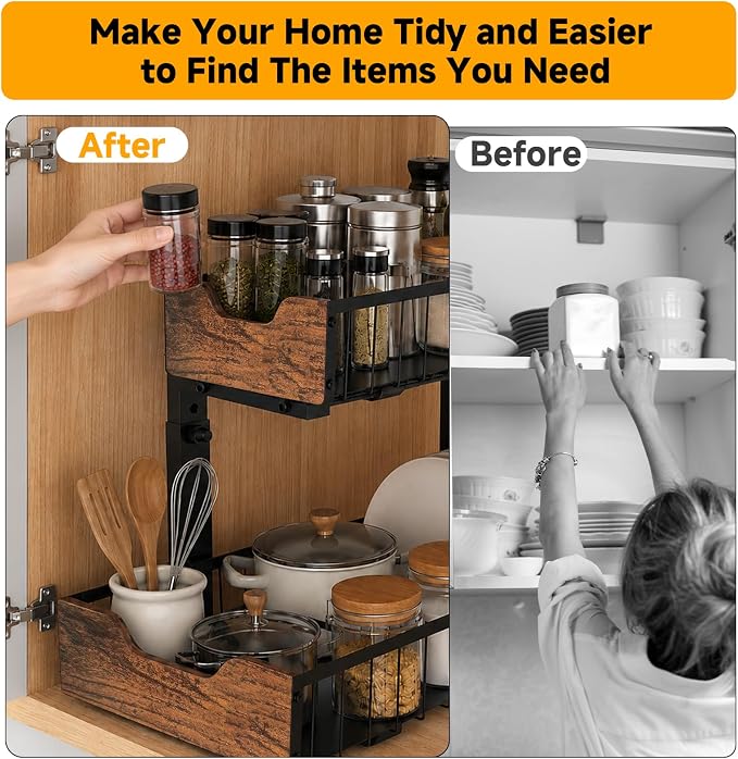 Pull Out Cabinet Organizer 2 Tier Metal Under Sink Organier | Shelf 5 Adjustable Height, Wood Handle, Anti Topple Over, Sturdy Slide out Storage Rack for Bathroom Kitchen Home Pantry