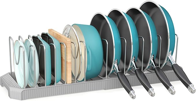 Expandable Pan Organizers Inside Cabinet with 12 Dividers Grey | Extends 12.9-21.9", Holds cookie sheets, cutting boards, pot lids and pans, iron dividers, plastic base, under cabinet rack