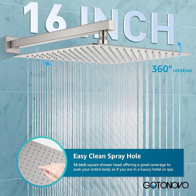 gotonovo Shower Faucet Set with Handheld Spray Brushed Nickel,16'' Head | SUS304 Rainfall Shower Head and Handle Set System Fixture,Pressure Balance Valve Trim Kit,Single Handle,Wall Mount,All Metal