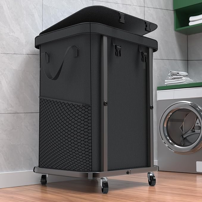 Laundry Basket with Lid,150L Rolling Laundry Hamper with Wheels Black | Dirty Clothes Hamper with Metal Frame and Removable Bag Design,Large Rolling Hampers for Laundry Room, Bedroom,Dorm