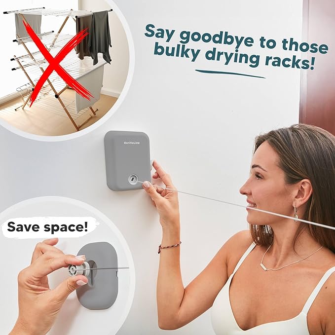 Retractable Clothesline Indoor Outdoor Clothes Line - Heavy Duty Clothes Drying Laundry Line - Wall Mounted Drying Rack - Air Dry Clothing