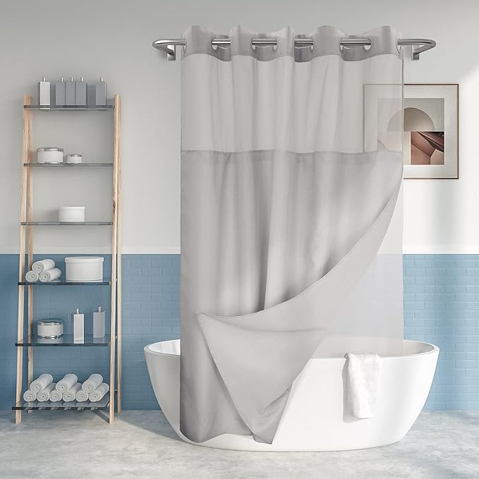 River Dream No Hook Slub Textured Shower Curtain with Snap-in PEVA Liner Set - 71" x 74"(72"), Hotel Style with See Through Top Window, Machine Washable & Water Repellent, Gray, 71x74 | Snap on/off Waterproof PEVA Liner, See Through Top Window, Slub Te...