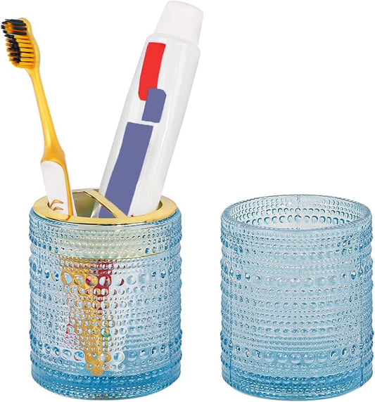 Blue Glass Toothbrush Holder, Bathroom Toothbrush Holder Set, 2pcs 10oz Tumbler Cup, Toothbrush and Toothpaste Holder with Gold Divider, Bathroom Storage Canisters Organizer for Decor