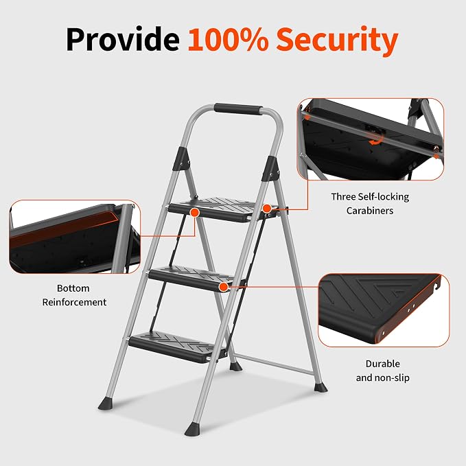 3-Step Ladder Folding Step Stool with Anti-Slip Wide Pedal & Soft Handle, Heavy Duty Steel Construction, 900 lbs Capacity for Home & Office, Grey