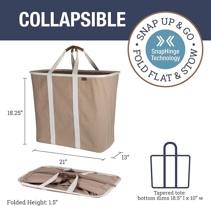 CleverMade Collapsible Laundry Caddy LUXE, 64L Pop-Up Hamper, 2 Pack, Mocha | Upgrade Visible Laundry Storage | Refined Fabric and Vegan Leather Suit Open Rooms, While Structured Frame Carries 2 Loads