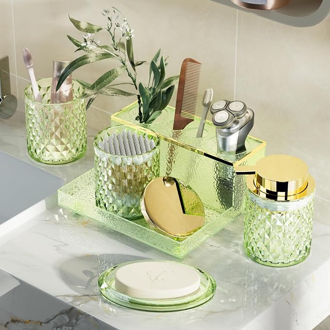 Glass Bathroom Accessories Set 5Pcs Crystal Green - Foaming Soap Dispenser, Soap Dish, Cup, Acrylic Toothbrush Holder with Tray Organizer, Cotton Swab Jar, Bathroom Counter Set Sink Decor