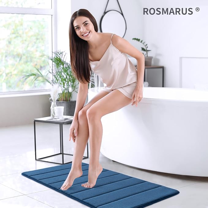 ROSMARUS Memory Foam Bath Mat, 17''x24'', Navy | Water Absorbent, Ultra Soft, Non Slip, Thick Foam, Bathroom Rugs for Floor & Tub, Machine Washable Care