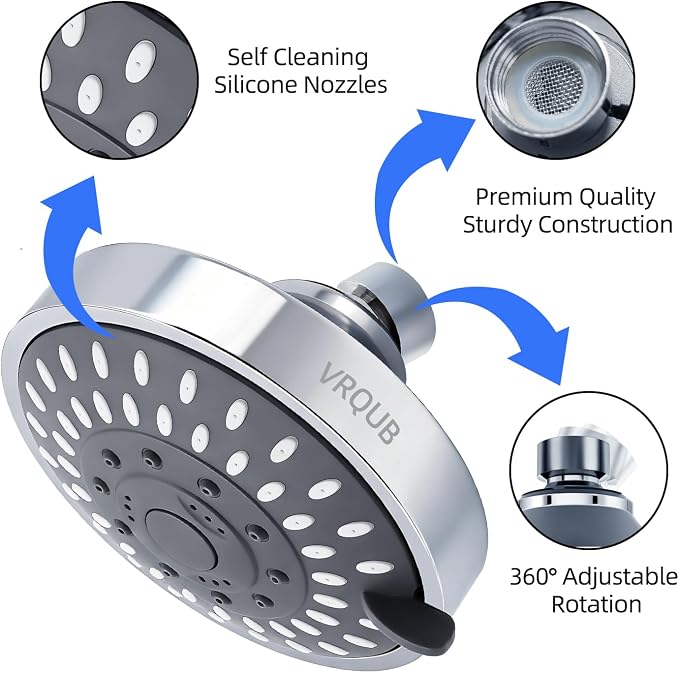 High Pressure Fixed Showerheads,5-Mode High Flow Fixed Showerheads,4inch Rain Shower Heads with adjustable Metal Swivel Ball Jiont