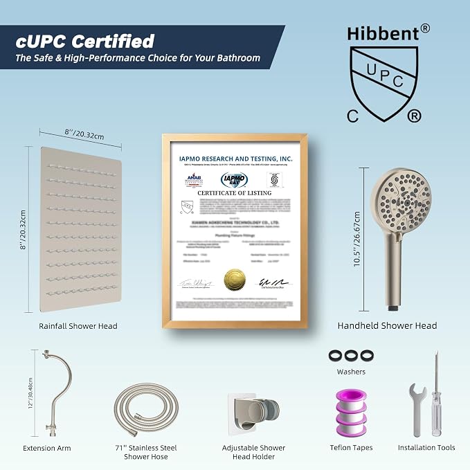 Hibbent All Metal CUPC Certified Shower Head, 8'' High Pressure Rainfall Shower Head, Handheld Showerhead Combo, 12'' Adjustable Extension Arm, 10 Sprays, 71'' Hose, Showerhead Holder, Brushed Nickel