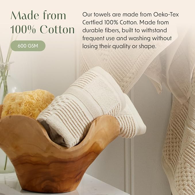 100% Cotton Bath Towel Set | 4-Pack | Textured | Beige | Luxury Geometric Design | Absorbent & Quick-Dry Bathroom Towels | Textured and Durable Cotton Towels for Bathroom | OEKO-TEX