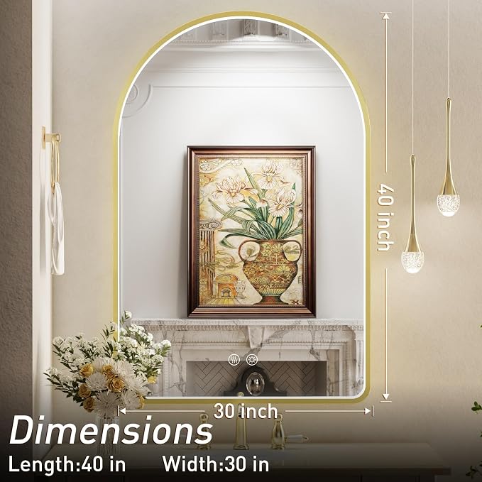 40X30 Inch Gold Framed Arched LED Mirror for Bathroom,ETL Listed | Anti-Fog,3000K/4500K/6000K Dimmable,Horizontal & Vertical,Wall Mounted,Memory Function,Ideal for Bathroom,Vanity