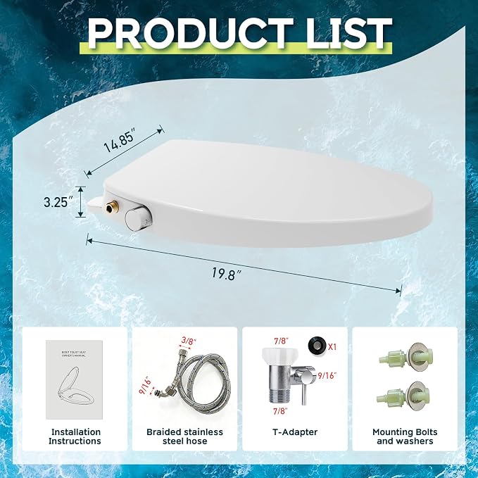 Elongated Bidet Toilet Seat with Soft-Close Lid, Self-Cleaning Dual Nozzles, Non-Electric Bidet Seat with Adjustable Water Pressure, White Toilet Seat for Elongated Toilets with Brass