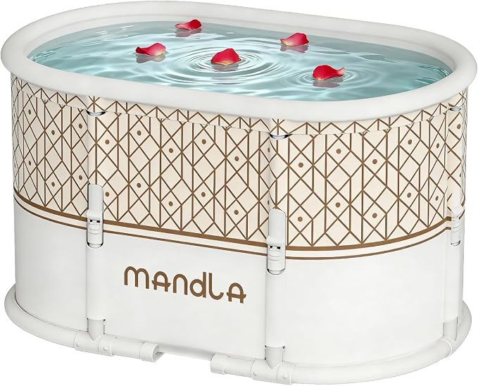 Portable Bathtub, Foldable Bathtub 37.4x21.6x21.6in, White Brown Stripes) | Inflatable Bathtub Free Standing Tub with 2 Drain Ports, Space Saving, Hot Tub, Ice Bath Tub, Indoor Outdoor