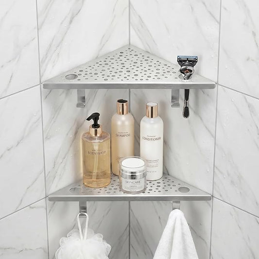 HIDROP Brushed Nickel 10" Corner Shower Shelves with Hooks and Holes,2 Pack | 4 Hooks & 4 Razor Holes, 304 Stainless Steel Bathroom Corner Shelf, Fast Drainage, Embed into Tile Gap, Modern Bathroom Shelf
