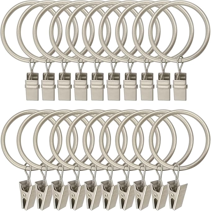 LLPJS 20 Pack Metal Curtain Rings with Clips, Curtain Clip Rings Hooks for Hanging Drapery Drapes Bows, Curtain Rod Rings 1.5 inch Interior Diameter, Matte Silver
