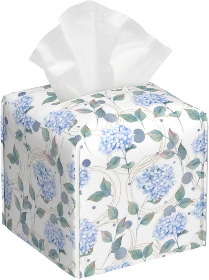 Contemporary Floral Tissue Box Cover Holder Cube Facial Paper Organizer Dispenser, Abstract Hydrangea Flower, Square, PVC Leather, 5.2"L x 5.2"W x 5.2"H