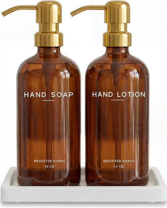 Luxury Glass Soap and Lotion Dispenser Set with Tray by Brighter Barns - Hand Soap Dispenser Bathroom Set w/Stainless Steel Pump - Gold Bathroom Decor for Guest House, Airbnb, Spa, Gift (Amber/Gold)