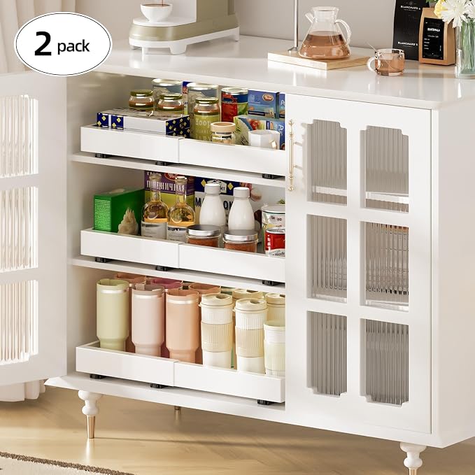 Delamu 16" Deep Pull Out Cabinet Organizer with 6 Dividers, Expandable (11.7 "-20" W) Pull Out Drawers for Cabinets, Cabinet Trays Pull Out for Cabinets in Kitchen, Pantry or Bathroom, White, 2 Pack