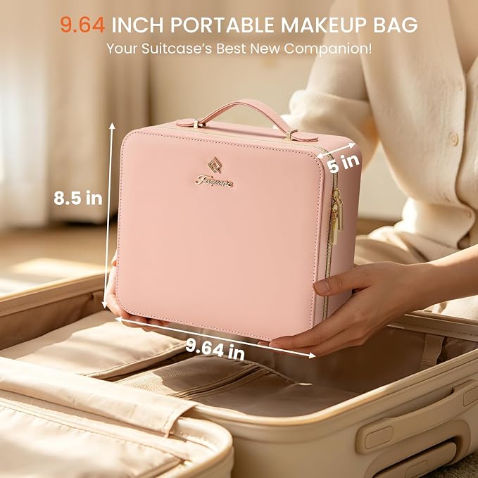Faquenc Leather Makeup Bag with LED Lighted Mirror 9.64 Inch Travel Makeup Organizer Bag Adjustable Brightness in 3 Colors Cosmetic Case Artist Storage Bag with Dividers Brush Holder Bag Vanity Pink