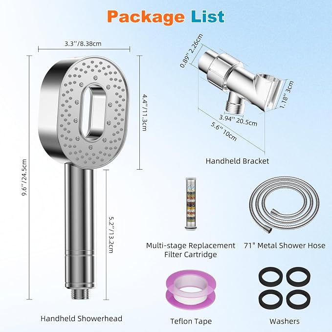 Hibbent Filtered Showerhead with handheld, High Pressure 5 Sprays Shower | Chrome Shower Head, Brass Holder & 71" Metal Hose, Water Softener for Hard Water-Remove Chlorine, Reduces Dry Itchy Skin