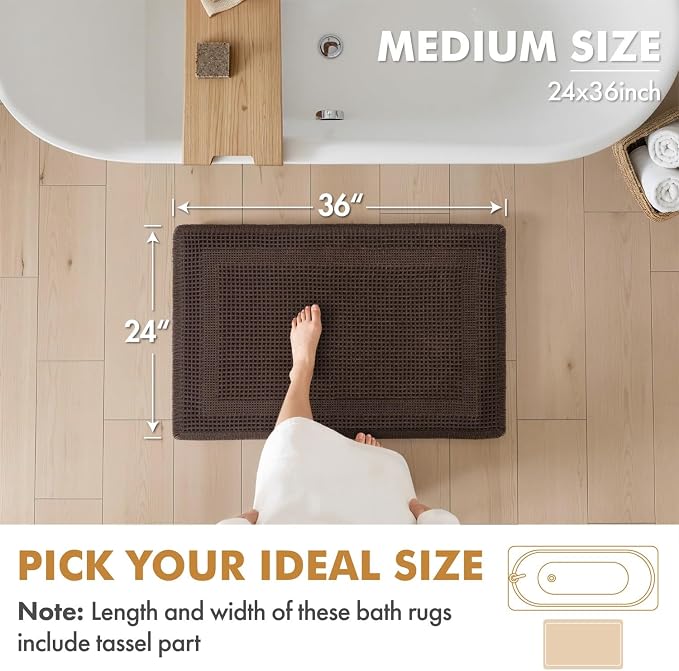 MIULEE Set of 2 Waffle Bathroom Rugs Chocolate Boho Bath Mat 24x36 in | Looped Design, Super Absorbent, Non Slip, Washable, Ultra Soft, Rubber Backed, Bathroom Mats for Floor Tub Shower