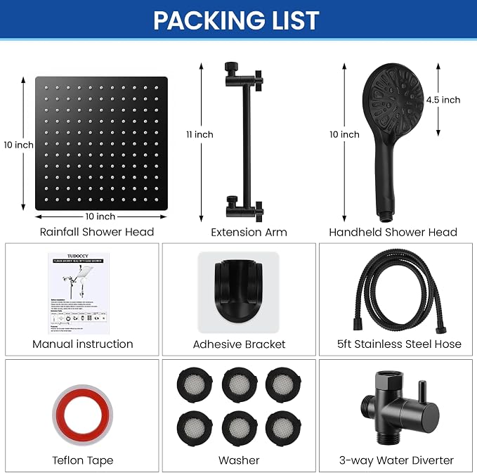 Shower Head, 10'' High Pressure Rainfall/Handheld Shower Combo, Matte Black | 9 Settings, Anti-leak Shower Head with 11'' Extension Arm, Holder, Hose, Height/Angle Adjustable Shower, 1.75GPM
