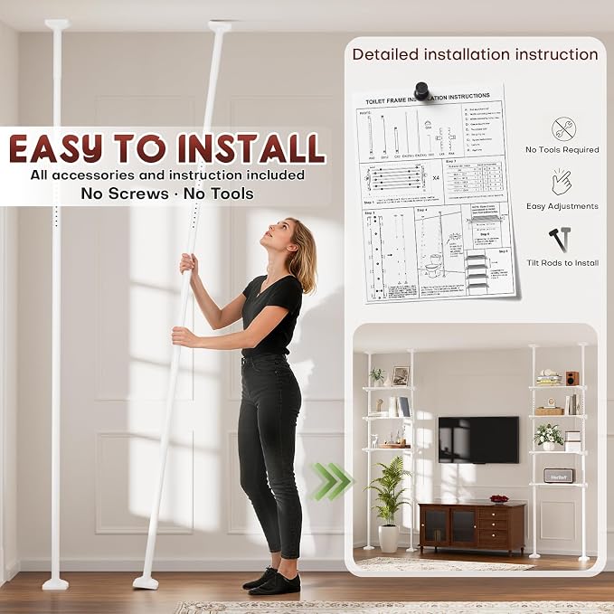 Goovilla Over The Toilet Storage Shelf, 64-124inch(H) 15-27inch(W), White | 4 Tier Bathroom Organizer Shelves with Adjustable No Drilling Tension Mounting, Space Saver Bathroom Shelf Rack Above Toilet