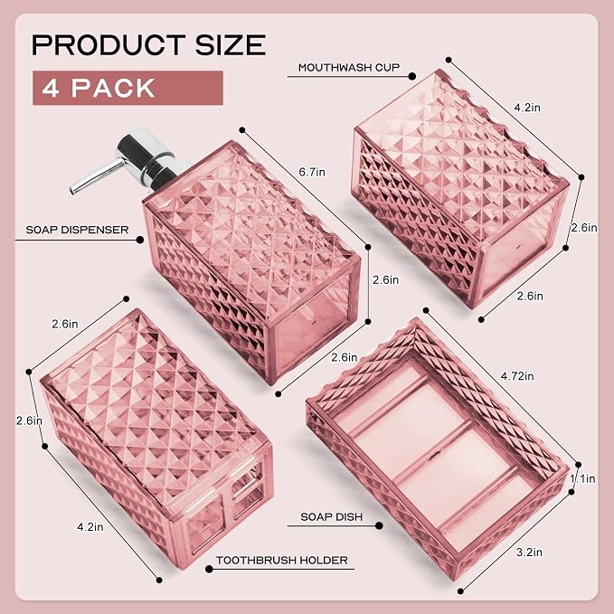 Bathroom Accessory Set, Grid Pattern 4 Pcs Plastic Bathroom Set, Pink | Include Soap Dispenser, Soap Dish, Toothbrush Holder, Mouthwash Cup, Modern Bathroom Decor Set