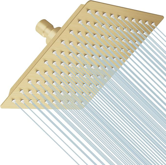 8 In Rain Shower Head High Pressure Rainfall Shower Head Brushed Gold | Square Rain Bathroom Showerhead, High Flow, Large Stainless Steel, Ceiling Mounted, Wall Mounted, Waterfall Full Body