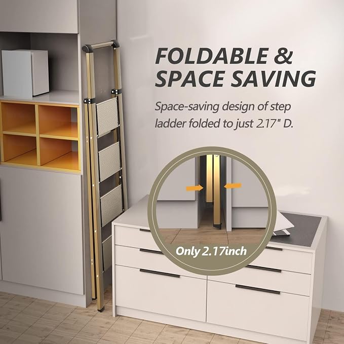 4 Step Ladder, Lightweight Folding Step Stool, Brown Gold | Reach 8ft;Anti-Slip 7.9'' Wide Pedal;Portable Handrail;Space-Saving;For Kitchen, Home, Library, Office Use;300lbs Capacity