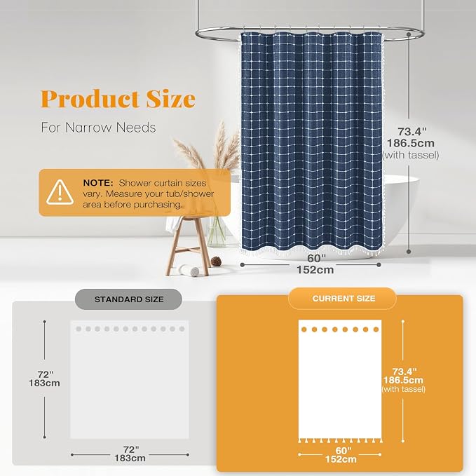 60x72 Boho Farmhouse Linen Heavy Duty Shower Curtain Set, Navy Blue | Narrow Size, 330GSM Linen Blend, 3-side Tassels, Water Repellent Fabric, 10 Plastic Hooks, Rustic Bohemian, Machine Washable