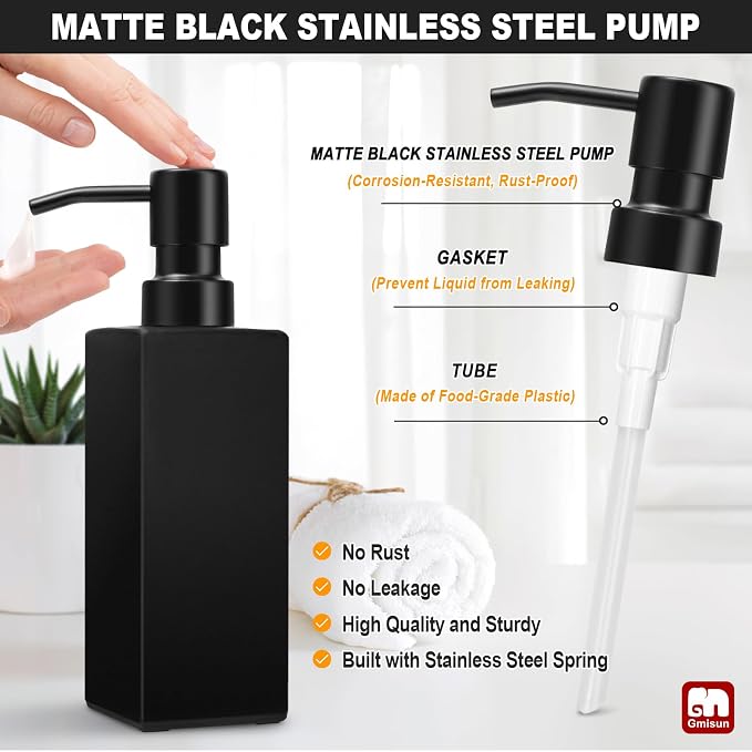 GMISUN Kitchen Soap Dispenser Set, Hand and Dish Soap Dispensers Set, Black Liquid Soap Dispenser with Tray, Refillable Dish Dispensers for Kitchen, Glass Soap Bottles with Stainless Steel Pump