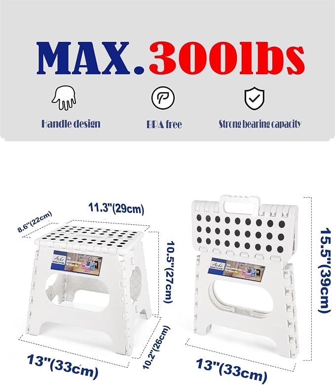 ACKO Folding Step Stools 11 Inch, 2 Pack, 300 lbs, White | Lightweight Collapsible Stools for Adults and Kids with Handles, Non-Slip, for Kitchen, Bathroom, Bedroom and Closet