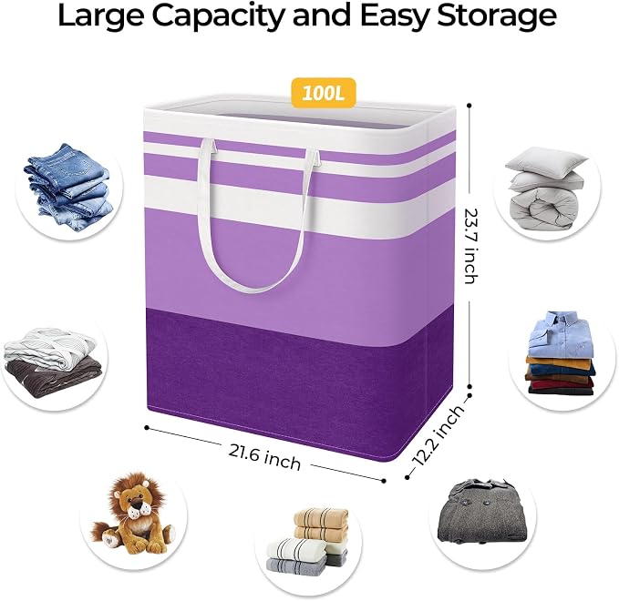 HomeHacks 2 Pack Laundry Baskets, Laundry Hampers Bags (Purple 100Lx2) | Waterproof, Freestanding, Collapsible Clothes Hamper with Reinforced Handles in Laundry Room, College Dorm, Bathroom, Bedroom