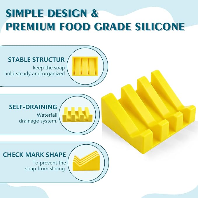 Self Draining Soap Dish Holder,Silicone Soap Dish,for Bathroom,Kitchen, Sponges，Can Extend Soap Life，Keep Soap Bars Dry and Easy Cleaning (Yellow+Sky Blue,2-Pack)