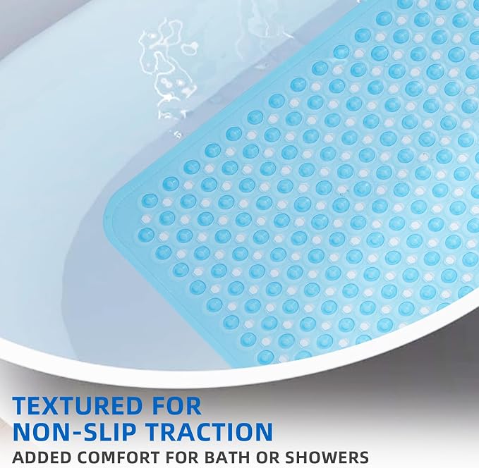 MOONFLY Shower and Bathtub Mat, 40x16 Inches, Clear Blue | Extra Long Non Slip Mats with Suction Cups,Drain Holes, Machine Washable ,Anti Slip Bathmats, Bathroom Mats for Tub Nonslip
