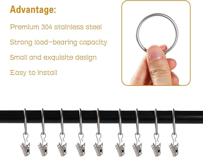Lansian 44 Pack Curtain Rings with Clips Hooks 1.26 in Diameter Rustproof | Metal Stainless Steel Drapery Rings for Tension Rod Bracket Eyelets Decorative Hanger, Fits 1 in Rods, Matte Silver