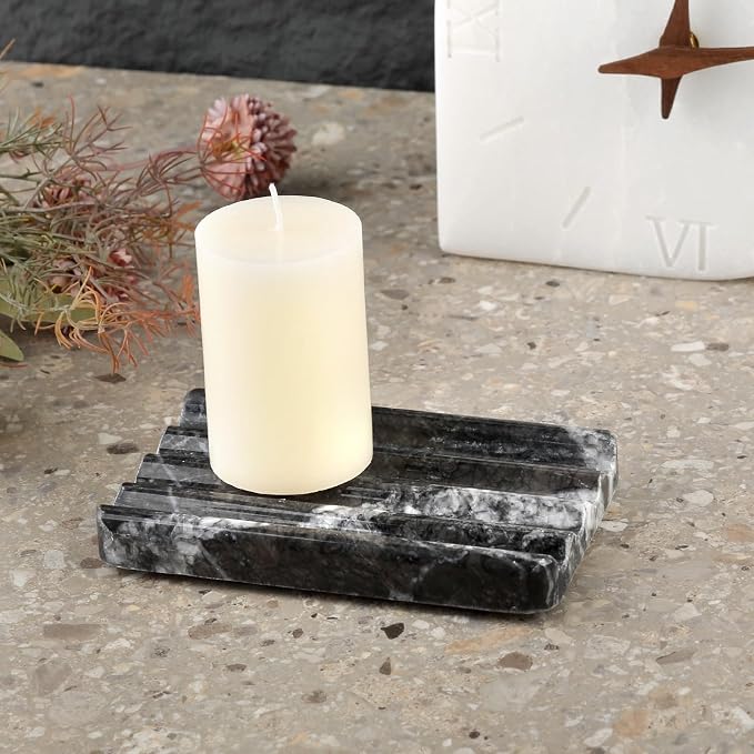 Karibiber Marble Soap Dish, Bar Soap Holder Shower, Black Soaps Bathroom Saver with Water Ripple Design, Easy Cleaning Natural Stone Sponge Holder for Kitchen Sink, Executive Jewelry Ring Tray