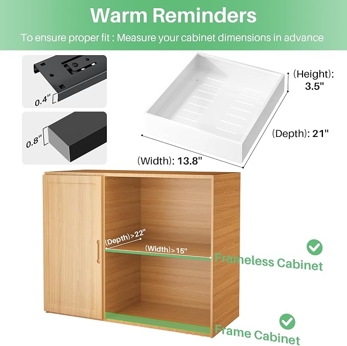 2Pack Pull out Cabinet Organizer, 21"Deep, Heavy Duty Full-extension Slide out Drawers for Kitchen Cabinet, Roll out Shelf Storage with Nano Adhesive for Pots, Bathroom, Pantry, Home, White