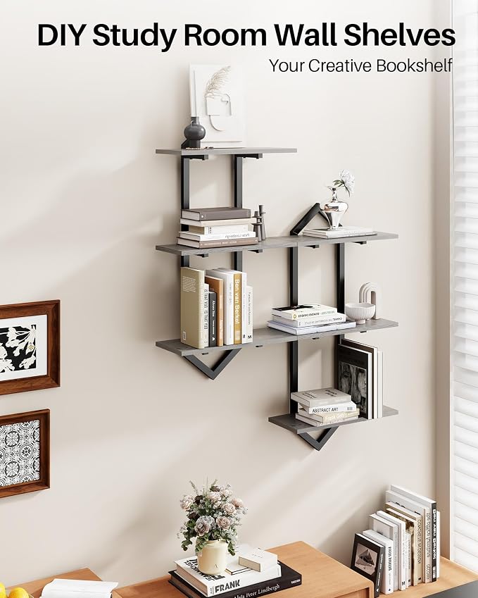3 Tier Floating Wall Shelves, Set of 2 Decorative Wooden Shelf | Modern Geometric Hanging Storage Shelves for Living Room, Bedroom, Kitchen and Office, Perfect for Books, Plants and Decor