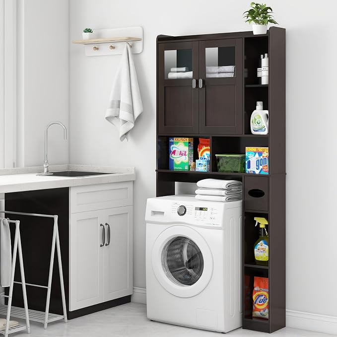 Vabches Over The Toilet Storage Cabinet with Doors and Shelves, Espresso | Freestanding Home Space Save Toilet Rack, with Adjustable Shelves for Restroom, Bathroom, Laundry